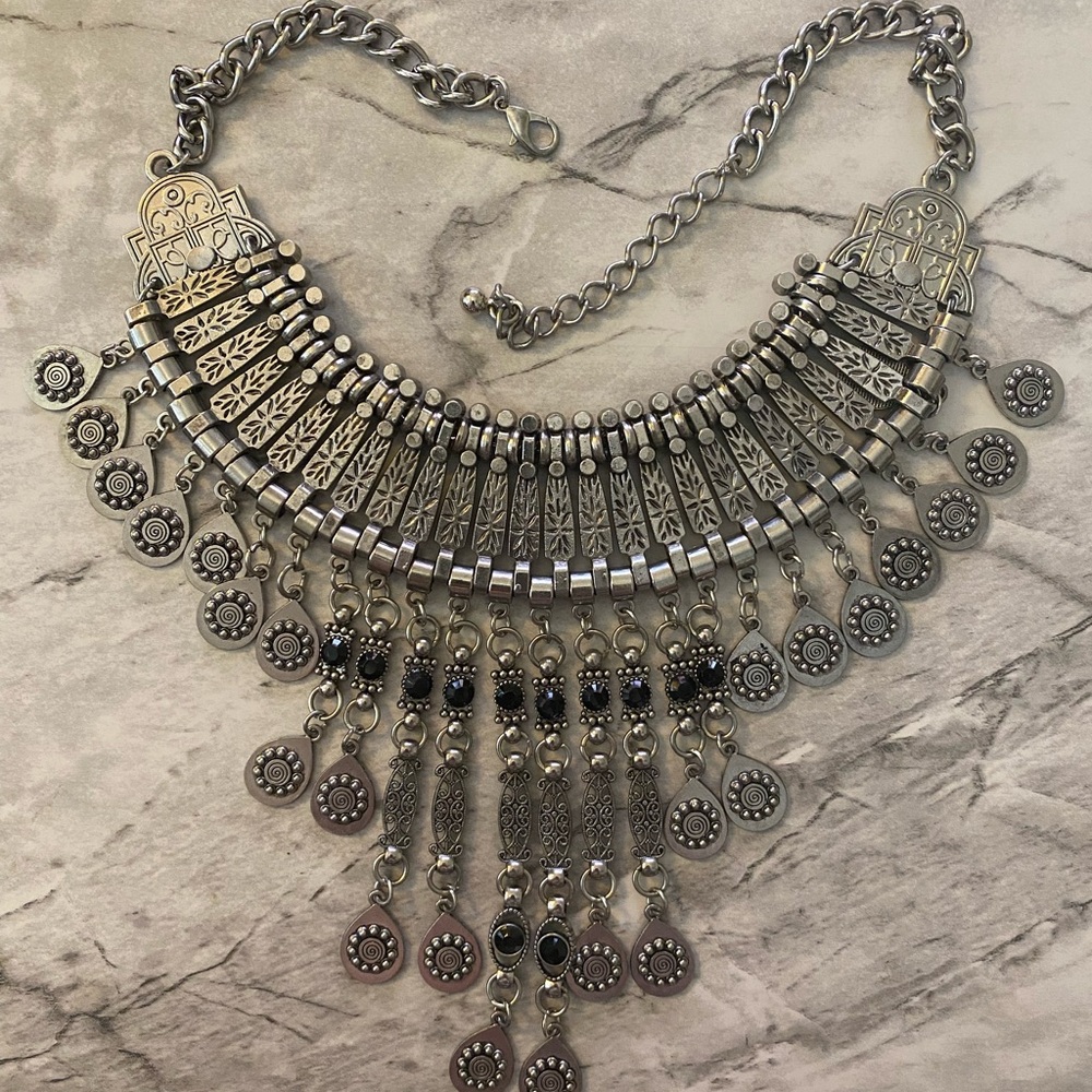 Antique Silver Tone Bohemian Fringe Necklace